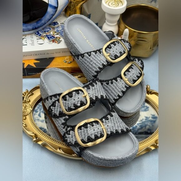 🆕 LOEFFLER RANDALL 🧿 NWOB Theo Embroidered Raffia Platform Sandal, Blue Sz 8 - Picture 6 of 15